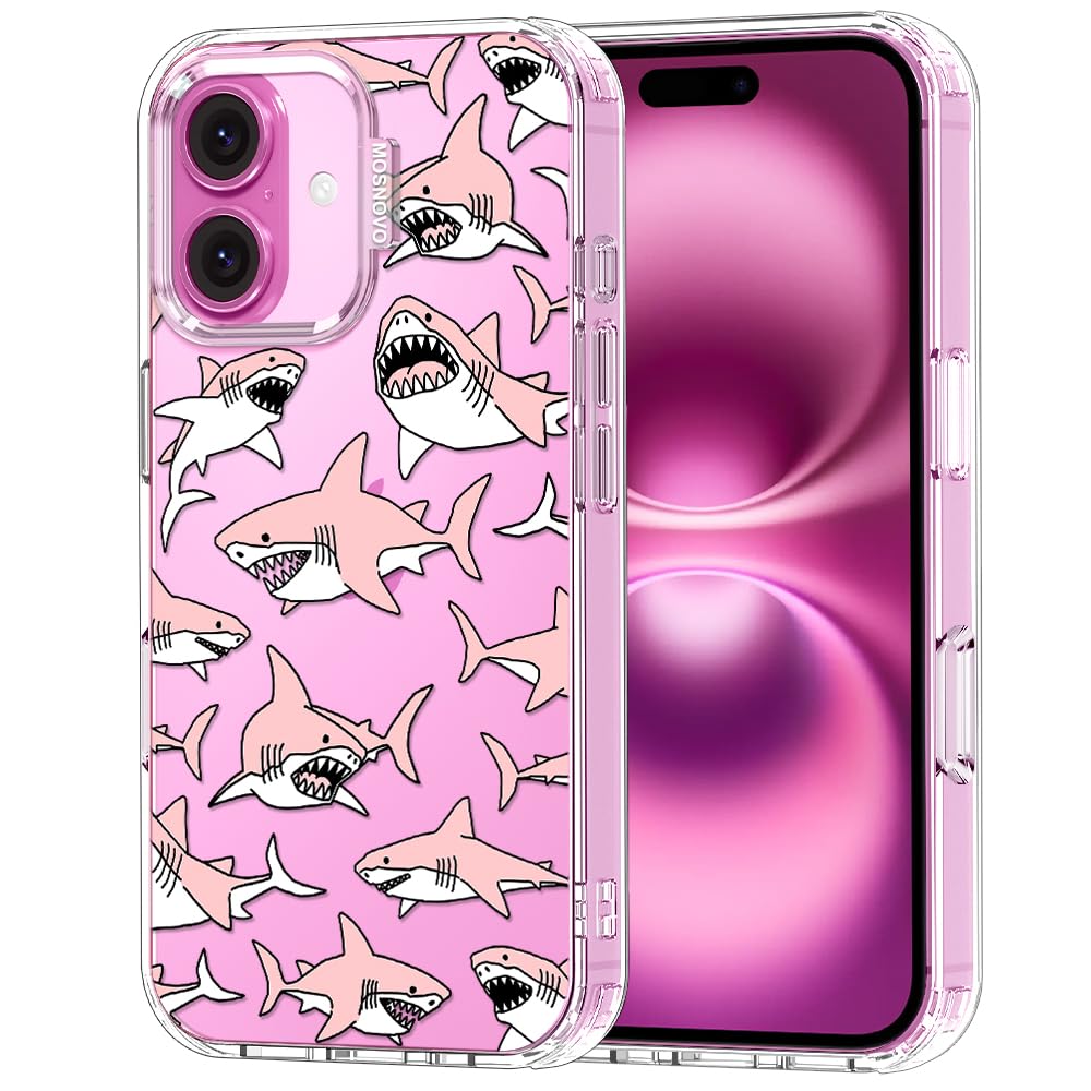 MOSNOVO Case for iPhone 16 Plus, [Buffertech 6.6ft Military-Grade Drop Protection] [Anti Peel Off Tech] Clear TPU Bumper Phone Case Cover Design - Pink Sharks