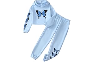 YOURUIKEY Girls' Clothing Set Butterfly Print Crop Top Hoodies Sweatpants 2 Piece Outfits Kids Sweatsuit Tracksuit Jogger Set