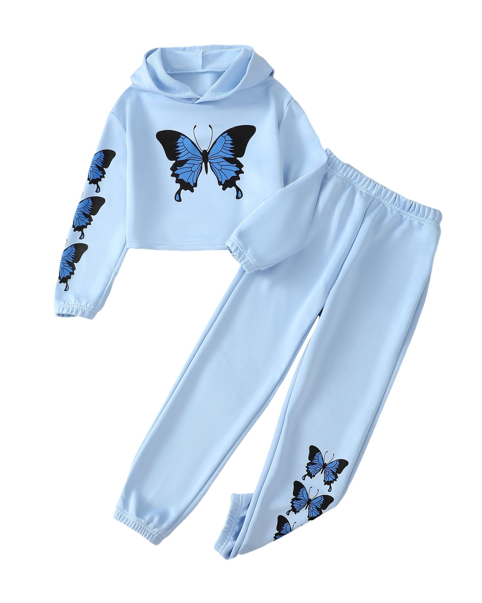 Photo 1 of ** ONLY ONE PIECE** YOURUIKEY Girls' Clothing Set Crop Tops Hoodies Butterfly Print Sweatshirt Blue Sweatpants Fall Winter 2 Piece Outfit Kid Clothes 9-10