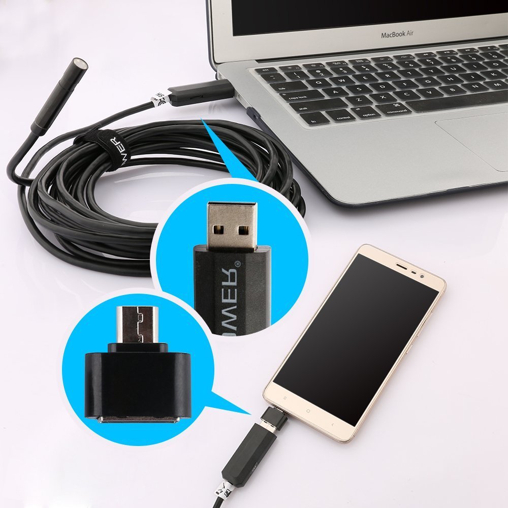 2017 NEW! ( 2-in-1 ) Semi Ridgid DBPOWER 2Million Pixels 5M USB Waterproof HD 6LED Borescope Endoscope Inspection Tube Camera with USB Adapter(included) for Android Device with OTG function