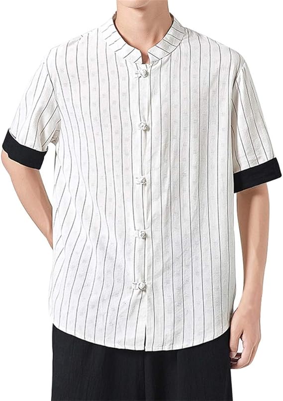 Amazon Tシャツ メンズ Boybya 開襟シャツ 綿麻シャツ チャイナボタン ストライプ 簡約風 半袖 通気快適 吸水速乾 綿麻リネン カジュアル ブランド トップス トレンド 春夏季対応 快適 オシャレ ファッション ゆったり 人気 ストリート 旅行 部屋着 2xl ホワイト T