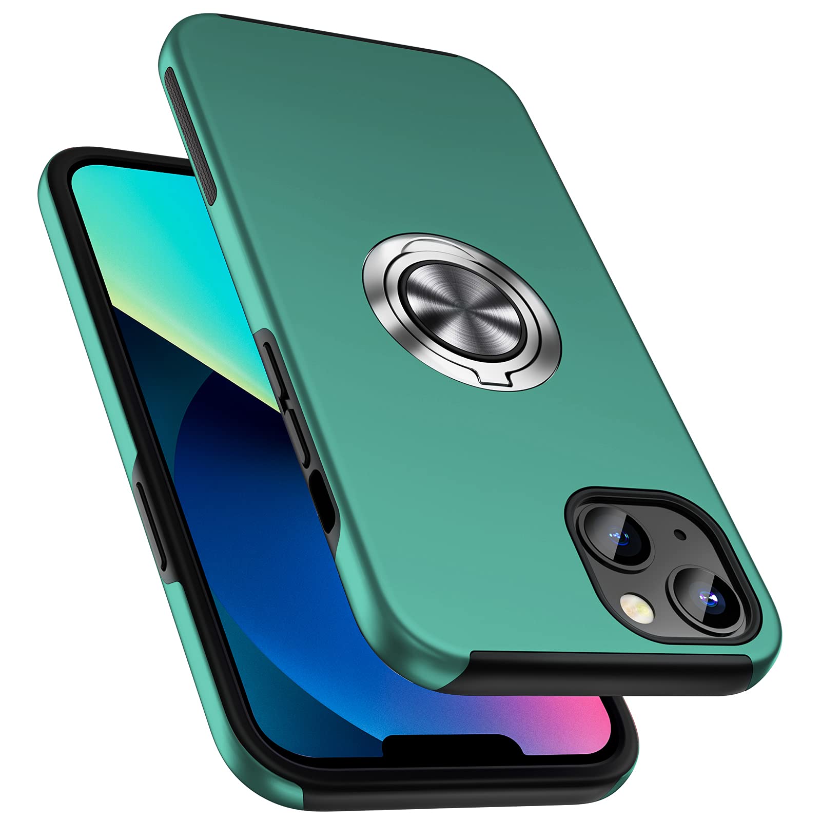 Photo 1 of PELEPUES Shockproof Case for iPhone 13 6.1 inch, [Embedded Finger Ring] Military Grade Phone Case Cover with Reinforced Metal Stand Kickstand [Support Magnetic Car Holder] for iPhone 13, Green