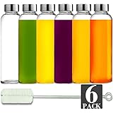 Brieftons Glass Water Bottles: 6 Pack, 18 Oz, Stainless Steel Leak Proof Lid, Premium Soda Lime, Best As Reusable Drinking Bo
