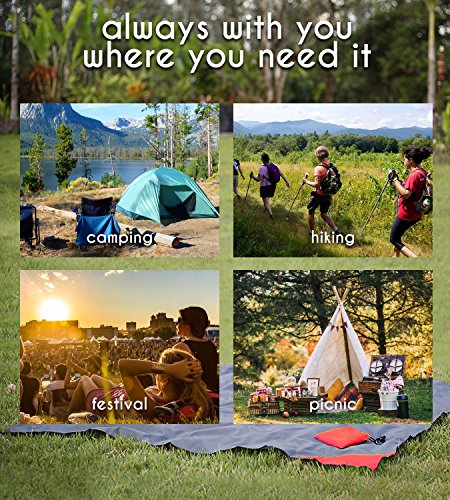 Compact Waterproof Pocket Beach Blanket by Boxiki Travel. Portable Lightweight Folding Tarp with Red Travel Case. Outdoor Picnic Camping Blanket with Easy Attachment Clip