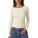 QINSEN Women's Long Sleeve T Shirts Crewneck Tight Fitted Rib Knit Y2k Casual Tee Tops