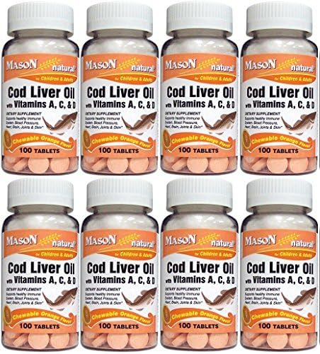 Mason Vitamins Cod Liver Oil With Vitamin A, C &amp; D Orange Flavor Chewable Tablets, 100 Count Bottle Pack of 8 by Mason Vitamin