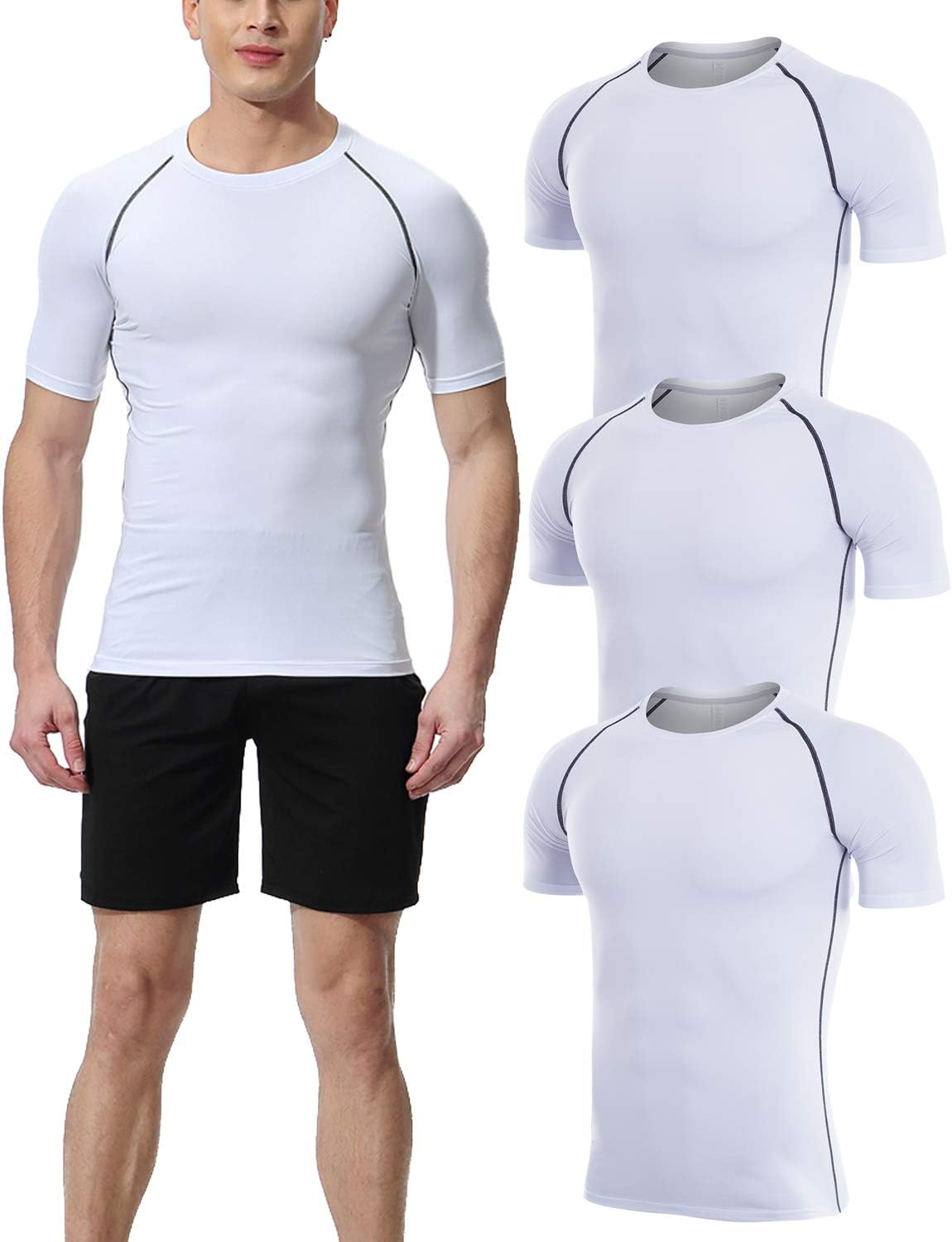 Men's 3 Pack Compression Shirts Dri Fit Short-Sleeve Crewneck Workout T-Shirts (3501 White,Small)