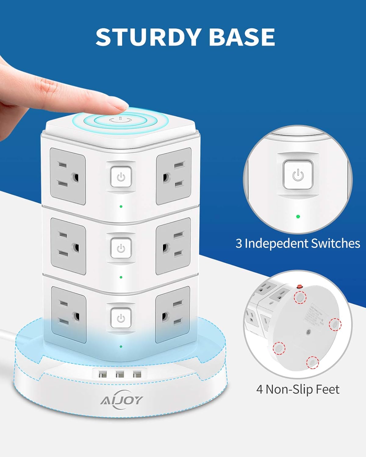 AiJoy Surge Protector USB Power Strip Tower with Top Night Light,10ft Extension Cord with 12 Outlets,3 USB Ports(MAX 3.1A) and 3 Individual Switches, Fast Charging Station for Home and Office: Electronics
