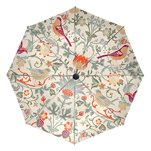 baihuishopWilliam Morris Flower Windproof Umbrellas Auto Open Close 3 Folding Golf Strong Durable Compact Travel Umbrella Uv Protection Portable Lightweight Easy Carrying and Slip-Proof Handle