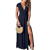 Yuopeid Women's Sexy Deep V Neck Solid Color Pleated High Waist Slit Club Party Evening Long Maxi Dress