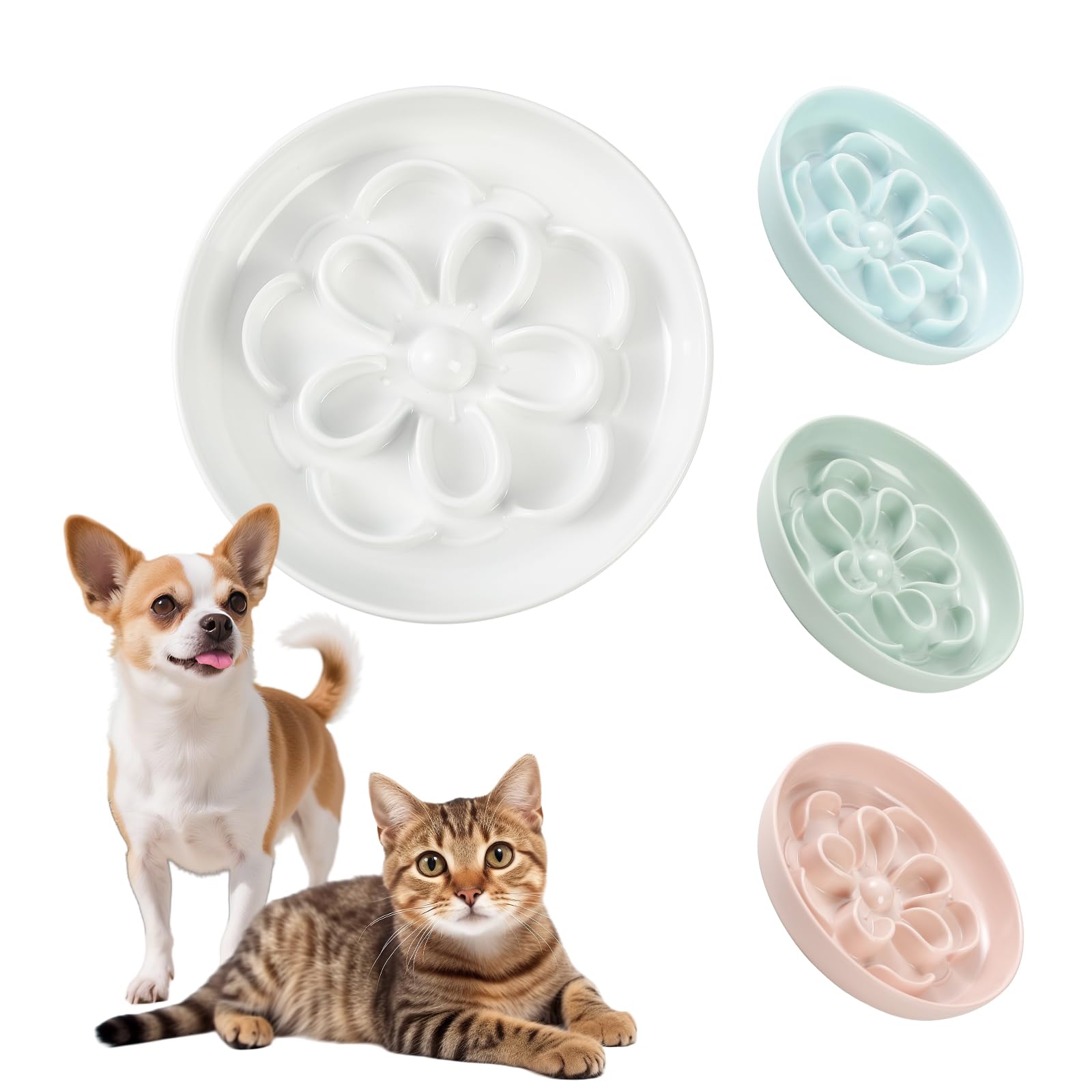 Photo 1 of Melamine Cat Slow Feeder Bowl - Floral Maze Cat Food Dish - Flat Plate for Dry & Wet Food - Cute Kitten Bowl - Dishwasher Safe - 6.3'' W x 1'' H - 5.5 oz (160g) - White