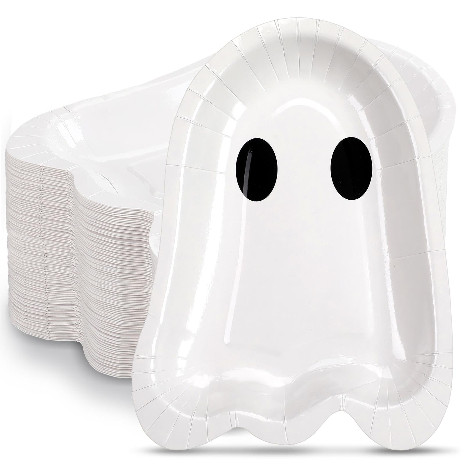 Photo 1 of FoldTier 100 Pcs 9 Inch Halloween Paper Plates Ghost Shape Disposable Dessert Plates Halloween Winter Holiday Appetizer Decorative Tableware Trick or Ghost, Treat Party Supplies