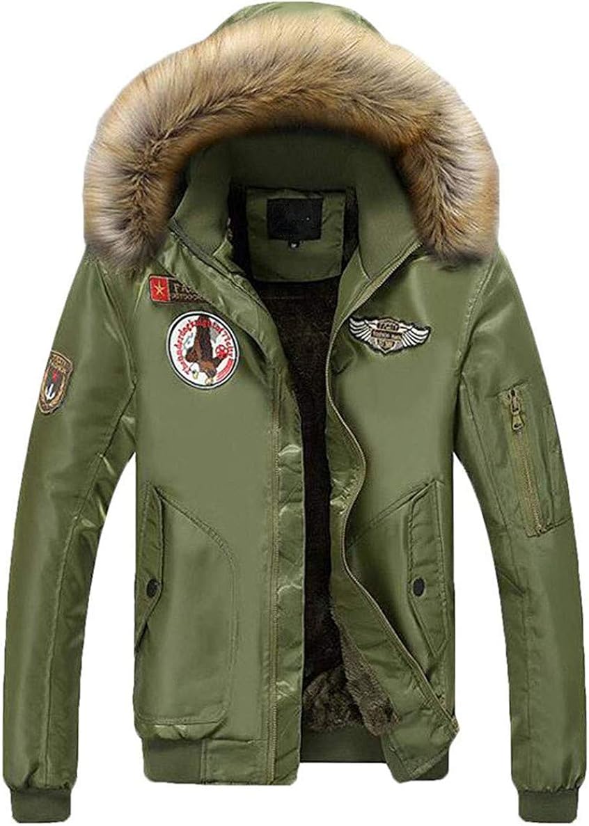 Men Faux Fur Bomber Ma1 Flight Linen Fleece Hooded Warm Down Jacket