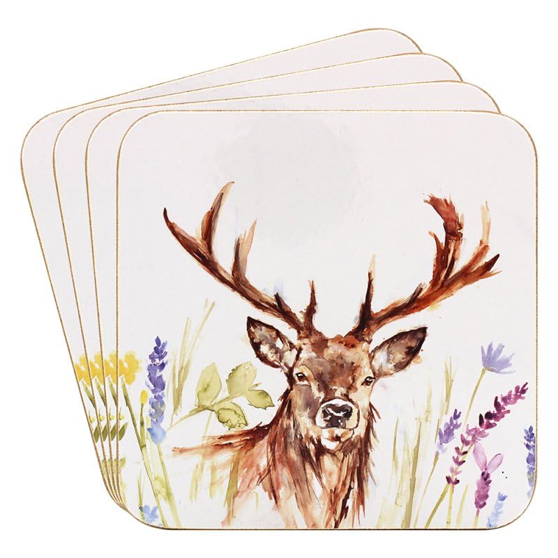 LESSER & PAVEY 4pcs Cork Coasters Heat Resistant Tableware Highland Stag Animal Nature Print