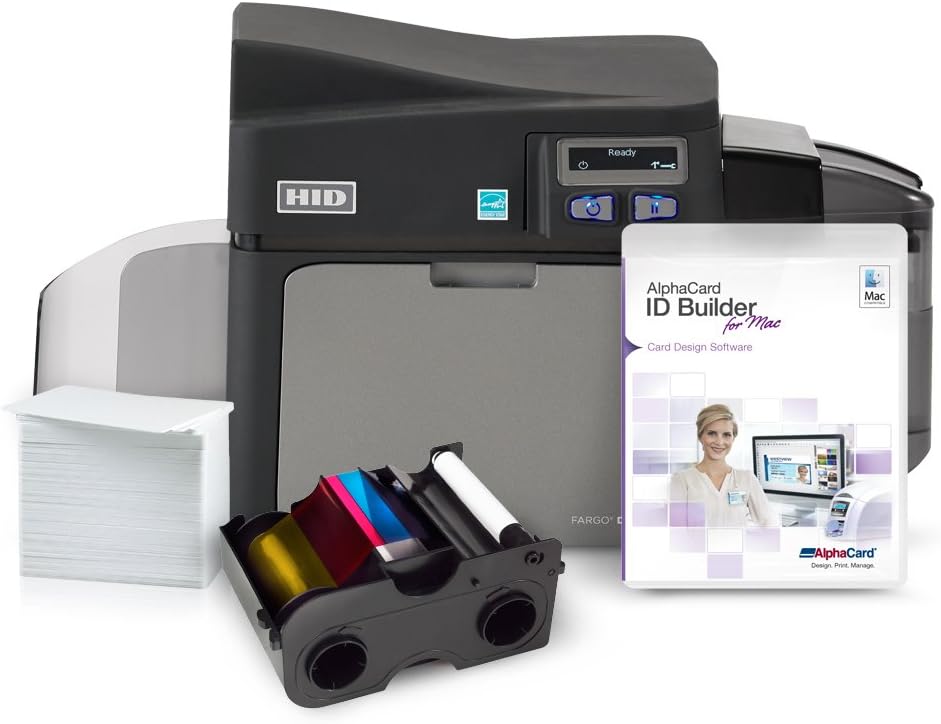 Fargo DTC 4250e ID Card Printer System with Ribbon, Cards, Cleaning kit, and Alphacard Badge ID Basic Software (Mac)