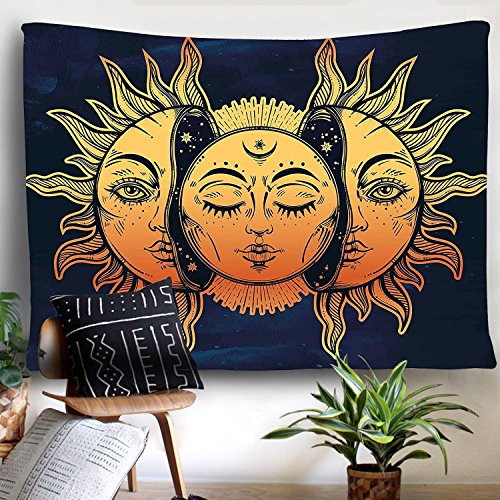 Psychedelic Tapestry Indian Moon and Sun with Many Fractal Faces Tapestry Wall Decor (Sun, 50''X60'')