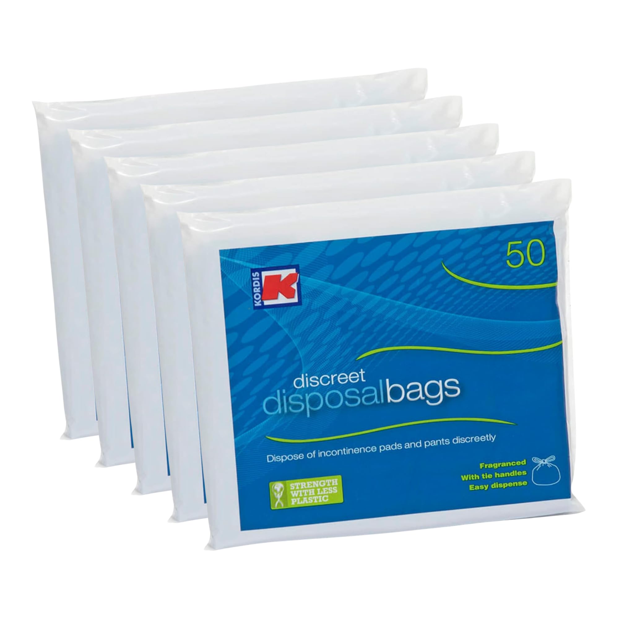 Kordis Large Adult Incontinence Disposal Bags - 5 x 50 Bags. Fragranced Nappy Sacks With Tie Handles - Disposable & Discreet. Hygienic Waste Disposal Of Incontinence Pads. 250 Bag Count - 32 x 42cm