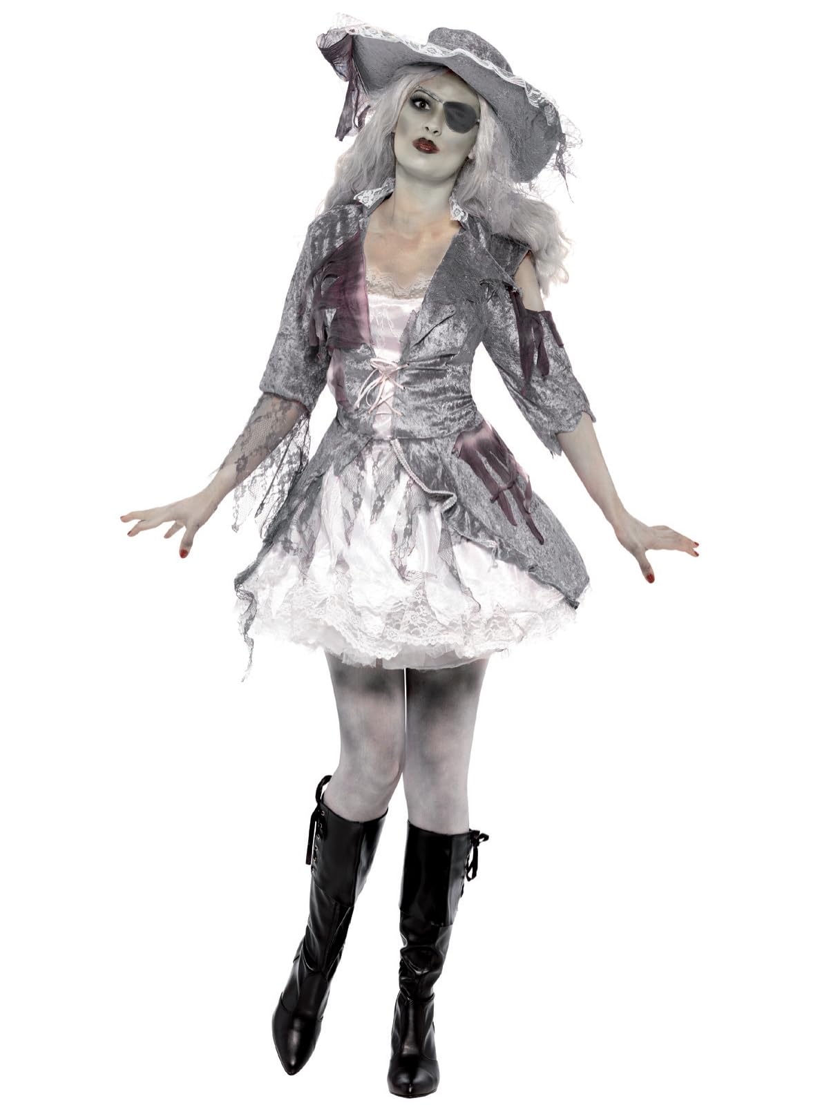 Smiffys Deluxe Ghost Ship Pirate Treasure Costume, Grey with Dress & Hat, Halloween Adult Fancy Dress, Pirate Dress Up Costumes