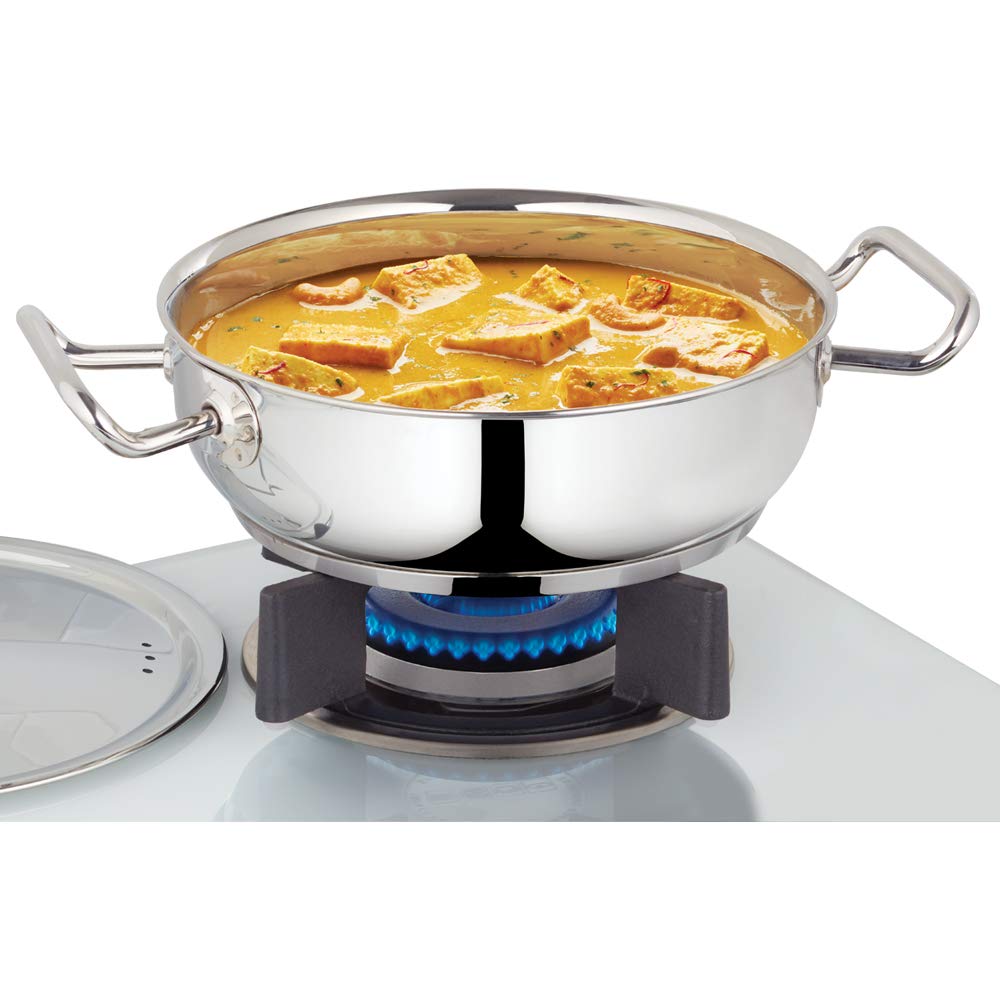 Photo 1 of Borosil Stainless Steel Flat Kadhai with lid Impact Bonded Tri-Ply Bottom 1.8 L Silver