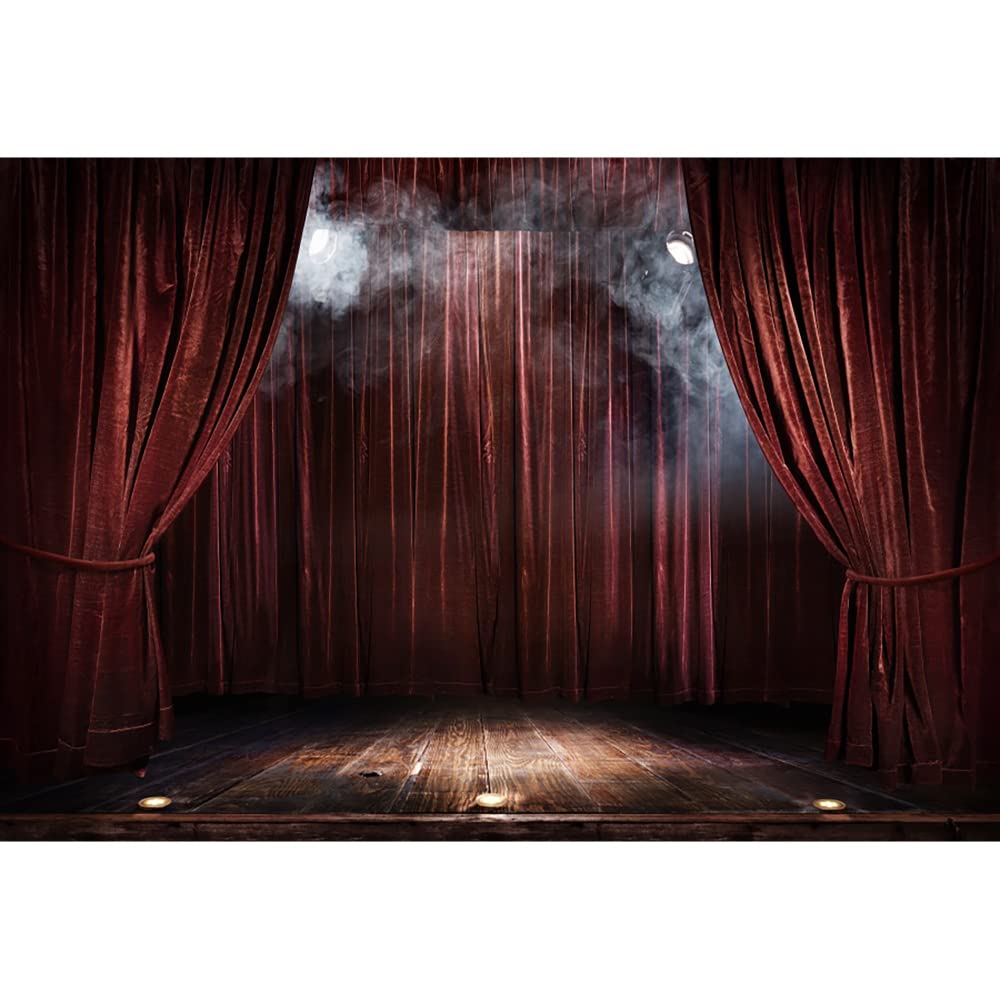 Aoihrraan 3,5x2,5m Theater Stage Backdrop Red Curtains Stage Spotlights Rustic Wood Floor Photography Background Talent Performance Show Award Ceremony Festival Celebration Banner Photo Studio Props