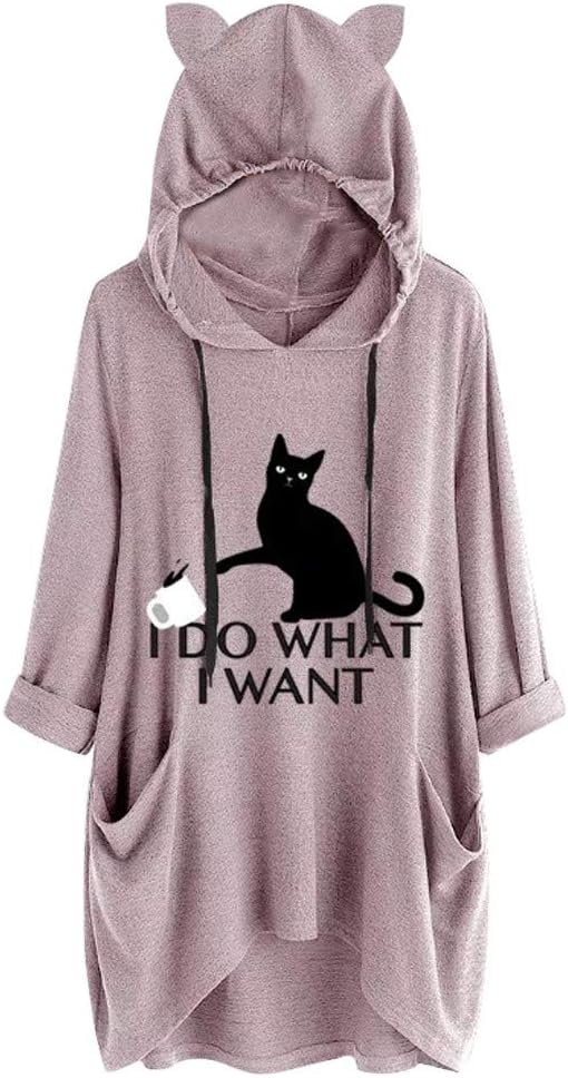 I Do Want I Want-Women's Casual Cat Ear Hooded Long Sleeves Flowy Hoodie Blouse with Pocket