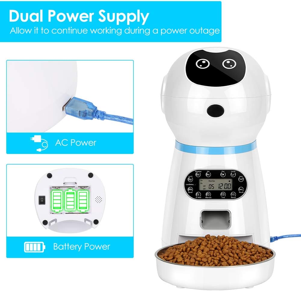 Kitchen & Dining : TTPet Automatic Cat Feeder, Timed Dog Food Dispenser, 3.5L Capacity, Stainless Steel Bowl, Portion Control, Voice Recording, Timer Programmable up to 4 Meals a Day : 