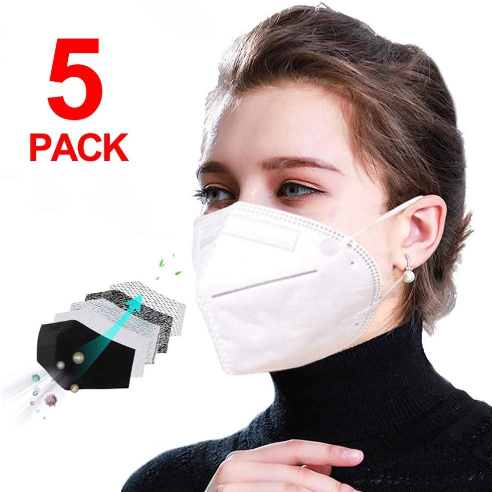 N95 Dust Breathing Mask, Disposable Mask Activated Carbon Face Mask PM2.5 Mask for Women Men Perfect Fit and Seal Crush and Sweat Resistant(White, V-Fold 5 Pack)