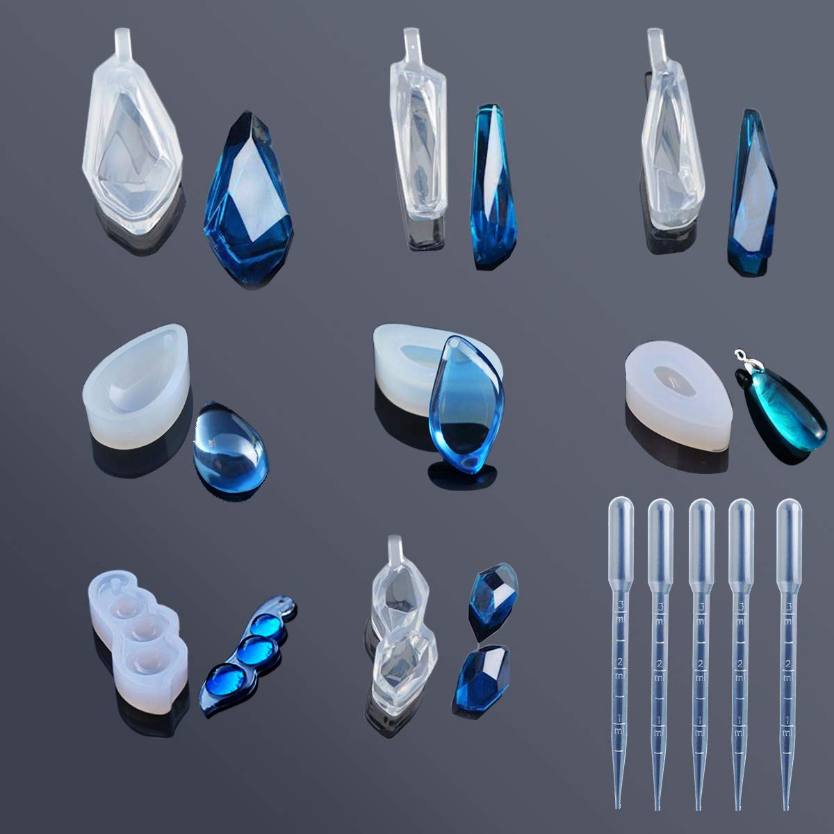 Woohome 8 PCS Silikonform Gießform Resin Form and 5 PCS Plastic Dropper Moulding Resin for Jewelry Making Pendants
