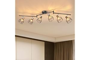 GORDNWE 6-Light Track Kits, Adjustable Track Fixtures - E12 Metal Wire Cage Retro Ceiling Lighting - Black for Kitchen, Living Room, Bedroom