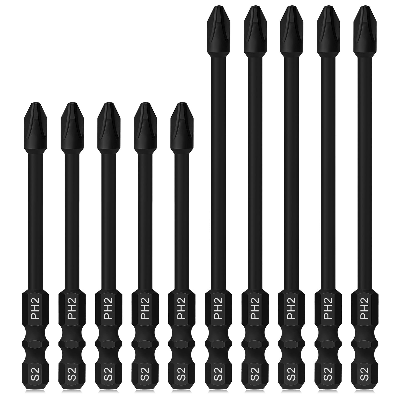 Hakkin 10Pcs Impact Phillips Bits PH2 S2 Steel Impact Driver Bits 1/4” Hex Shank Magnetic Screwdriver Bits 75mm 100mm Torque Driver Bits for Impact Driver — image 1