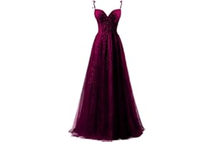 YUAOHUANG Lace Applique Tulle Prom Dresses for Women 2025 Spaghetti Straps Ball Gown Formal Evening Party Gown with Slit