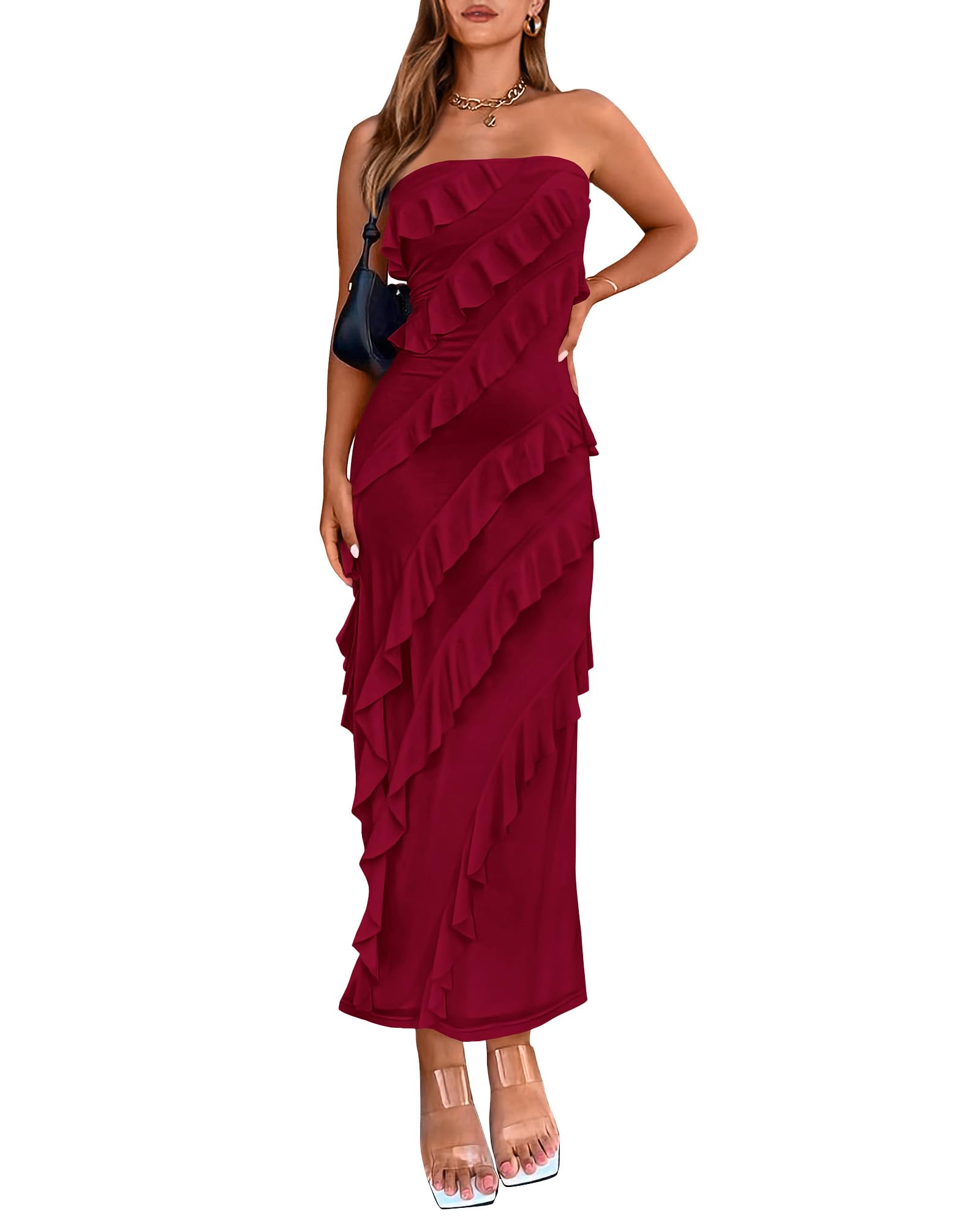 BTFBM Women Summer Elegant Strapless Midi Ruched Bodycon Dress Solid Color Stretch Mesh Slim Party Cocktail Dresses Image