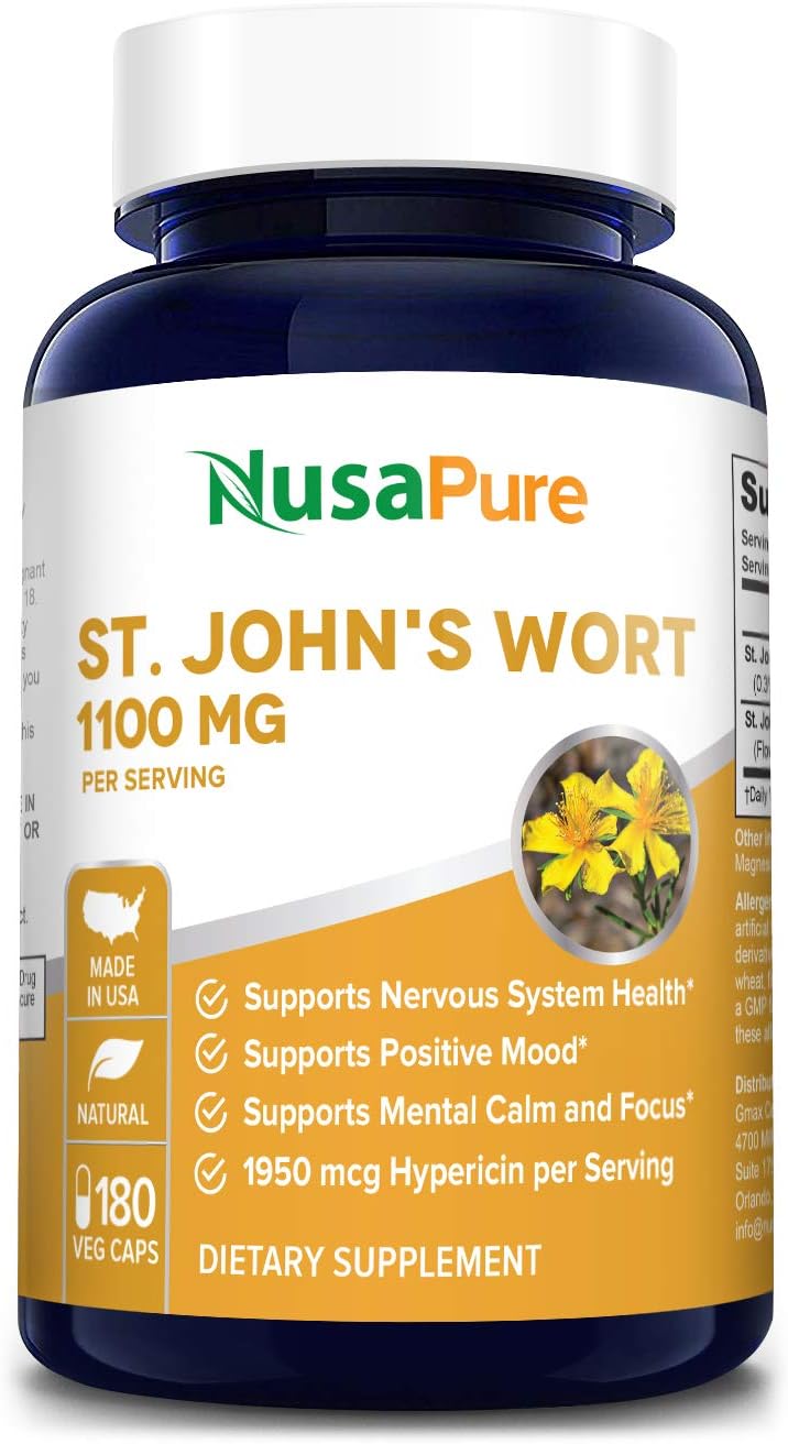 St. John's Wort 1100mg 180 Veggie Capsules (Non-GMO & Gluten Free) 1950mcg Hypericin Saint Johns Wort for Mood, Anxiety & Depression Support (550mg per Capsule): Health & Personal Care