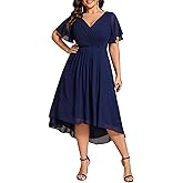 Ever-Pretty Women's Spring Chiffon V-Neck Plus Size Formal Wedding Guest Dress Short Sleeves Cocktail Dresses for Curvy Women