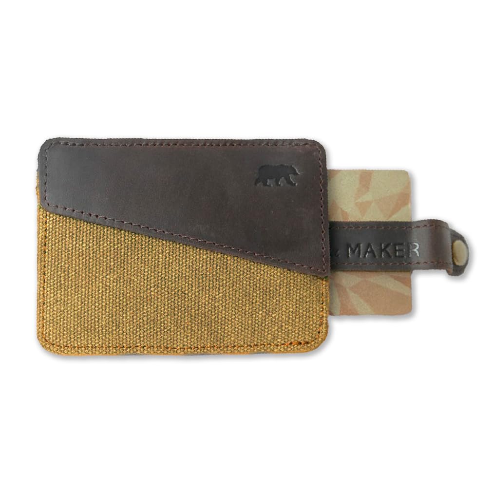 Slim Wallet Mens Handy®- Pull Out System - Leather and Canvas Coton - Card Holder and Coins Pocket (Mustard)