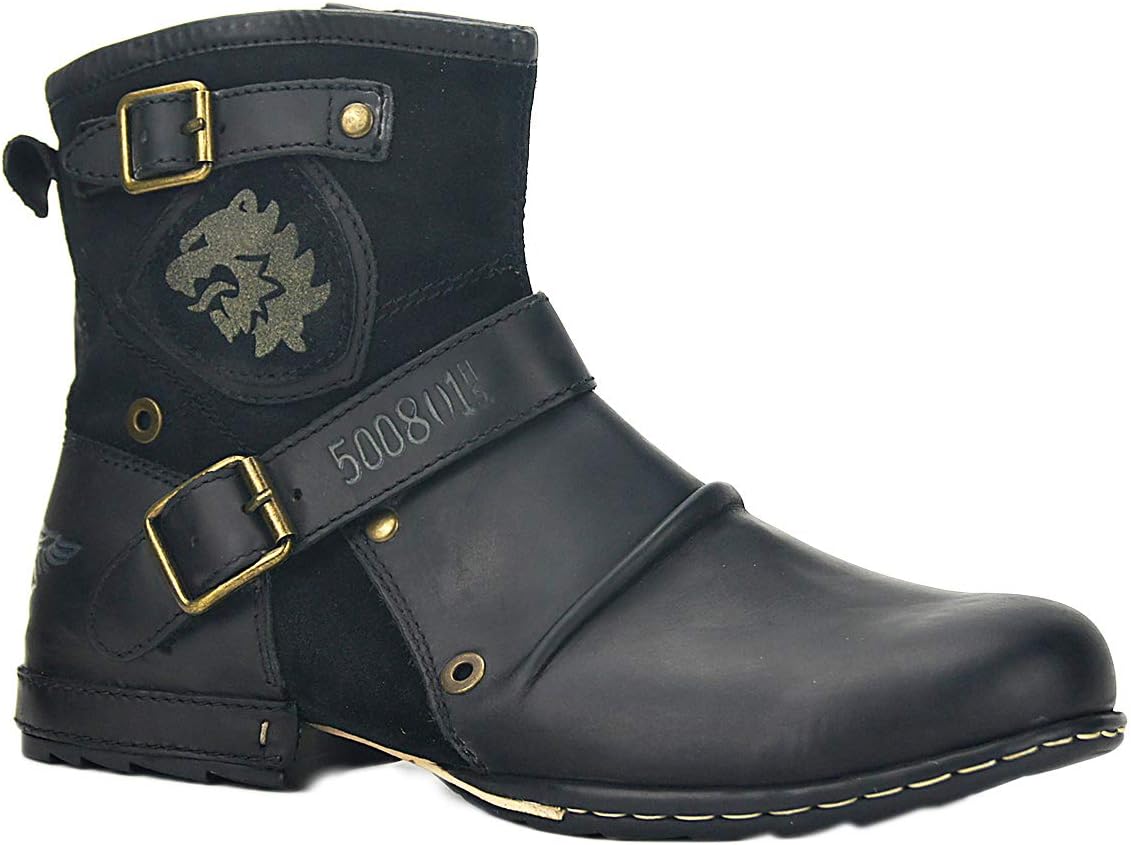 OSSTONEMoto Boots for Men Fashion Zipper-up Leather Chukka Boots Casual Shoes OS-5008-1-A