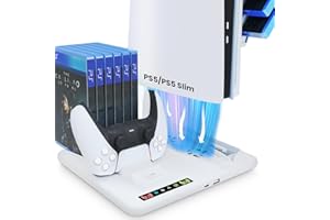 XIONZIJA PS5 / PS5 Slim Cooling Stand with Dual Controller Charger, LED Indicators - Vertical Stand for Playstation 5 Slim and PS5 Console - Keep Your Gaming Smooth and Cool Maximized Performance