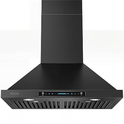 IKTCH 30 inch Black Wall Mount Range Hood, 900 CFM Ducted/Ductless Stainless Steel Vent Hood with Gesture Sensing & Touch Control Switch Panel, 2 Pcs Adjustable Lights