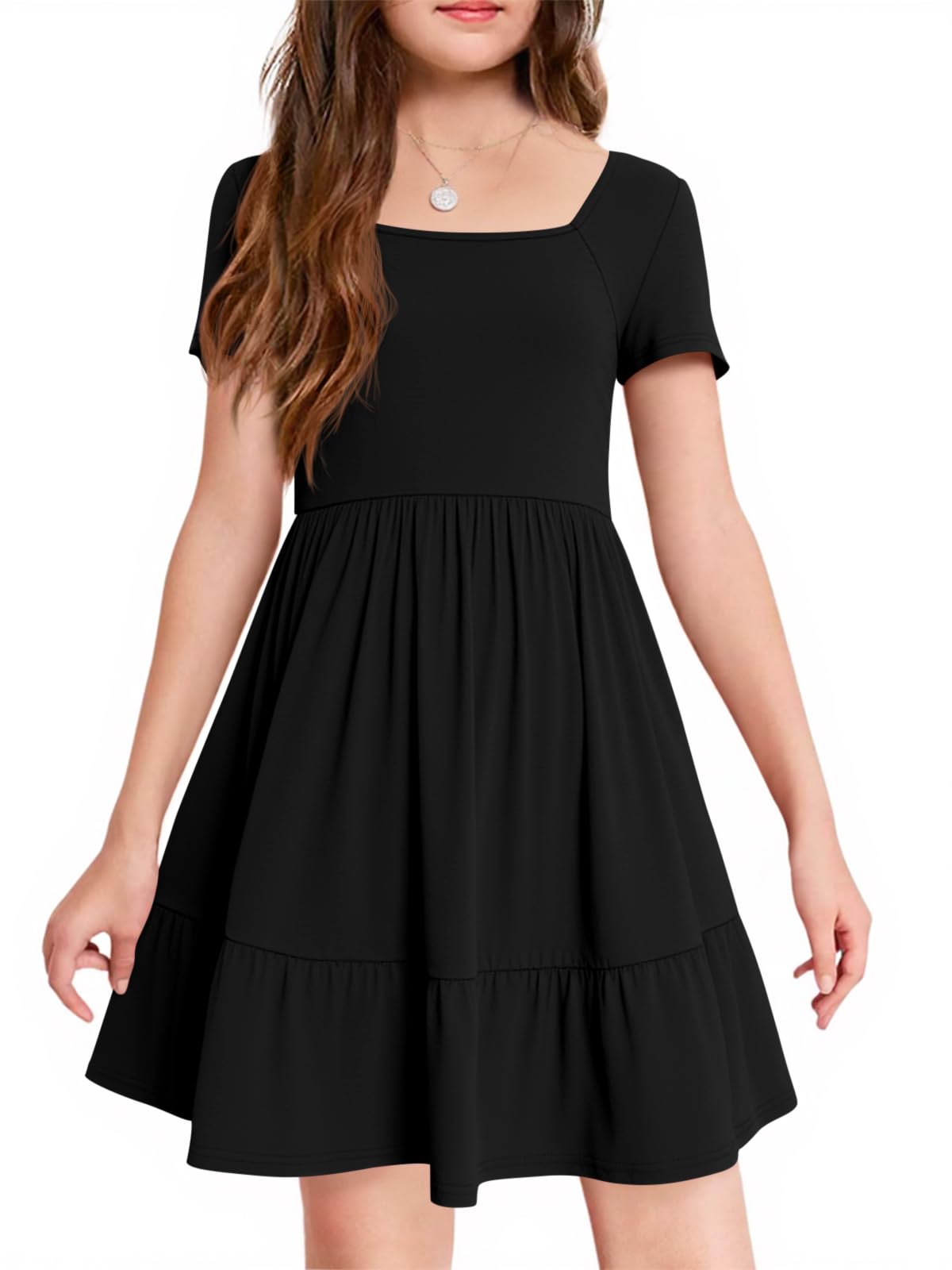 Photo 1 of Haloumoning Girls Dresses Kids Summer Short Sleeve Square Neck Dress with Side Pockets 5-14 Years Black