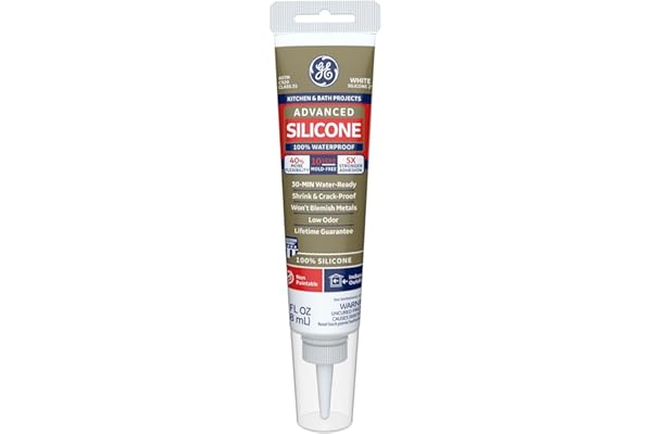 GE Advanced Silicone Caulk for Kitchen & Bathroom - 100% Waterproof Silicone Sealant, 5X Stronger Adhesion, Shrink & Crack Proof - 2.8 fl oz Tube, White, 1 Pack