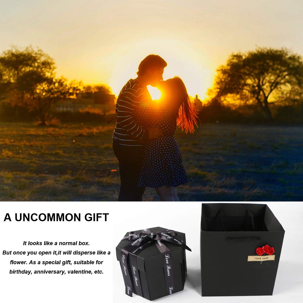 Creative Explosion Box DIY Gift - Scrapbooking for Wedding Engagement Anniversary Graduation Birthday, Upgraded 6-Sides Handmade Photo Album with Love Memory (Black）
