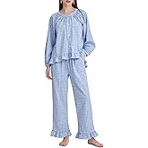 PEHMEA Women's Gingham Cotton Pajama Set Cute 2 Piece Plaid Ruffle PJs with Long Pants Button Down Top for Lounge Sleepwear