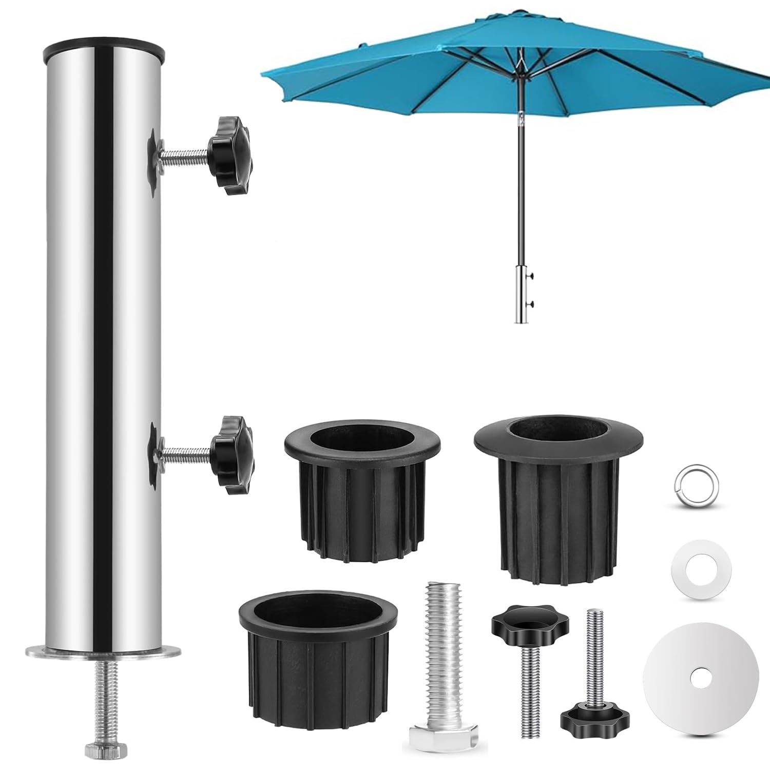 Ompinda Universal Parasol Base Tube Set, Heavy Duty Stainless Steel Umbrella Pole Stake Holder and 3Pcs PVC Insert Pipe Sleeve for Garden/Backyard/Beach/Swimming Pool