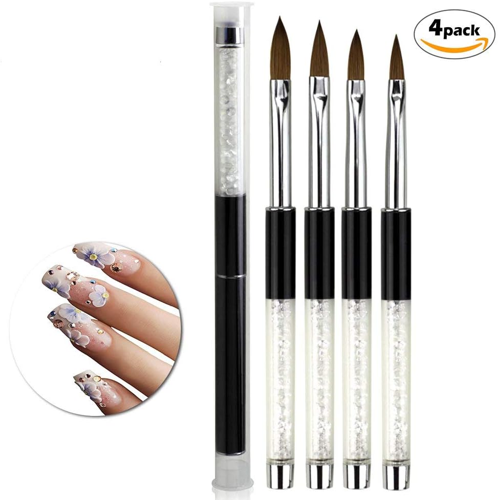 4PCS Oval Kolinsky Sable Hair Acrylic Nail Brush Clear Rhinestones