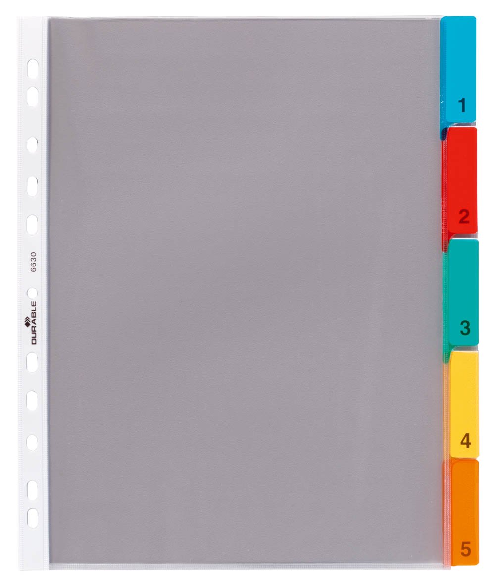 Durable 5 Part File Dividers for Lever Arch Files and Ring Binders - German Made Colour Coded Plastic Pocket Folder Wallets with 1-5 Numbered Card Tab Separators - A4