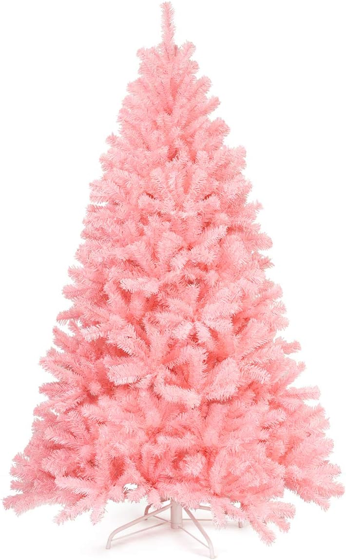 Trees - Goplus 6ft Unlit Pink Artificial Christmas Tree, Hinged Spruce Full Tree with Metal Stand, 100% New PVC Material, Xmas Tree for Indoor and Outdoor Decoration