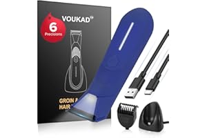 VOUKAD Personal Public Hair Trimmer for Women and Men, Electric Bikini Trimmer, Waterproof Groin Trimmer for Body Hair, with Light, Travel Size, 6 Precisions, with Charging Dock
