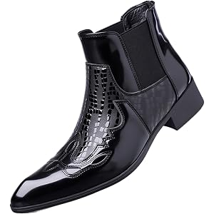 Men's Patent Leather Croc Print Chelsea Boots Slip On Pointed Toe Block Heel Formal Footwear For Party Wedding Business Offic