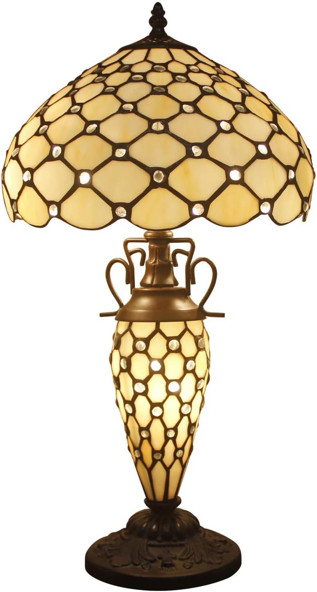 Tiffany Table Lamp with Crystal Pear Bead Stained Glass Night Light BaseW12H22 Inch Colorful Lampshade 3 Light Pull Chain Antique for Living Room Bedroom Coffee Table Set S005 WERFACTORY