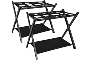 Queension Folding Luggage Rack Stand with Shelf for Guest Room, Foldable Metal Suitcase Storage Caddy Holder for Bedroom Hotel Essentials, Black, 2pack